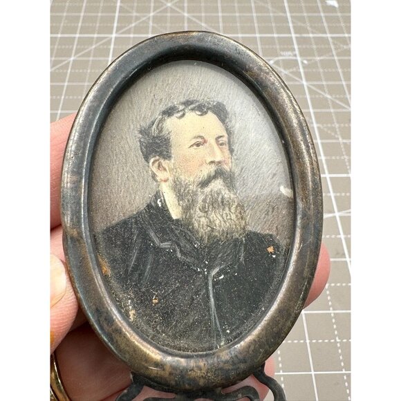 Antique Oval Portrait Sterling Frame Bearded Hand Painted Man Stand - Picture 2 of 7